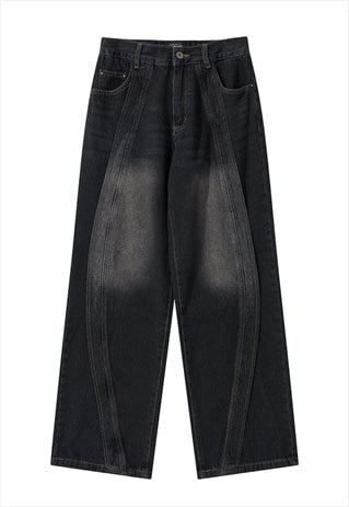 Wide jeans utility trousers acid wash denim pants in black