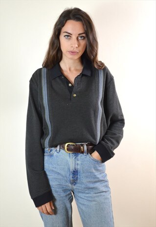 1990S VINTAGE BLACK & GREEN COLLARED SWEATSHIRT JUMPER