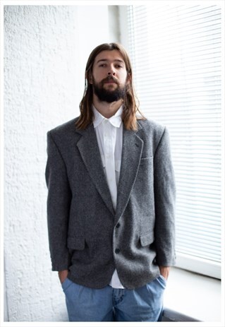 VINTAGE 80'S GREY WOOL HERRINGBONE BLAZER