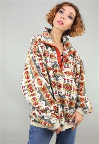 VINTAGE 90S OVERSIZED COLOURFUL PATTERNED 1/4 ZIP FLEECE