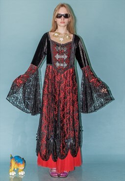 Vintage Y2K layered vampire queen gown in black and red