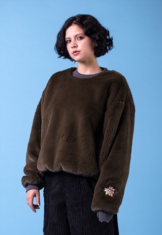 SOMEWHERE NOWHERE JUMPER GREEN FAUX FUR FLOWER PATCH