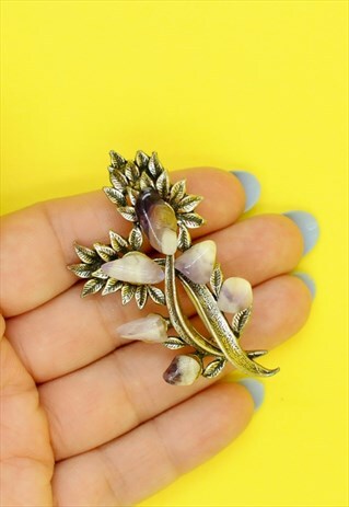VINTAGE 70S GAME OF THRONES STYLE PURPLE STONE FLOWER BROOCH