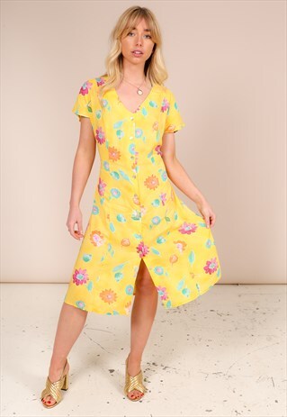 VINTAGE 90S YELLOW FLORAL PRINT MIDI TEA DRESS