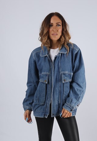VINTAGE DENIM BOMBER JACKET OVERSIZED FITTED UK L 14 (J2I)