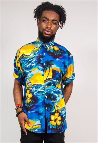 90'S VINTAGE BLUE HAWAIIAN SUNSET SHORT SLEEVE SHIRT