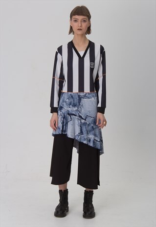 REWORKED FAKE JEANS FOOTBALL STRIPED DRESS WITH FRILL