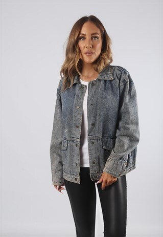 VINTAGE DENIM JACKET OVERSIZED FITTED ACID WASH UK 14 (C9AQ)
