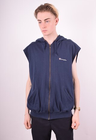 CHAMPION MENS VINTAGE SLEEVELESS HOODIE JACKET XL BLUE 90S
