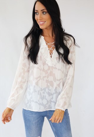 WHITE RUFFLE TIE UP SUMMER BLOUSE