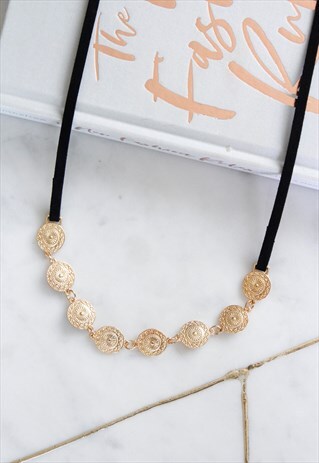 GOLD MULTI WRAP BLACK FAUX SUEDE COIN CHOKER NECKLACE