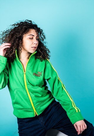 VINTAGE PUMA SWEATER 90S IN GREEN WITH YELLOW ZIP