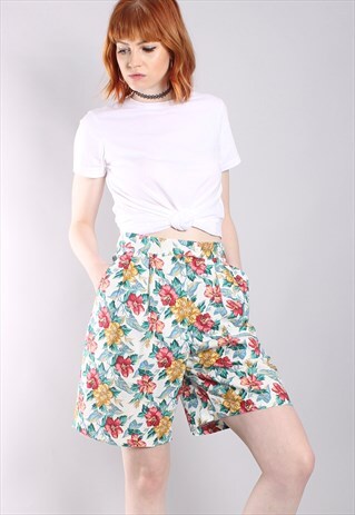 VINTAGE 80S FLORAL LINEN HIGH WAISTED SHORTS