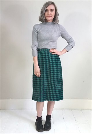 VINTAGE 80'S GREEN AND BLACK CHECKED WOOL PENCIL SKIRT