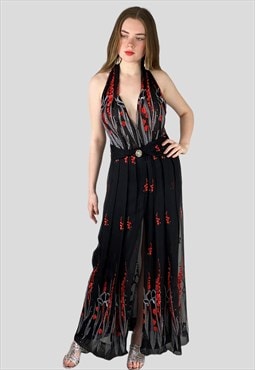 Rita Padova 70's Black Vintage Red Halter Neck Maxi Dress