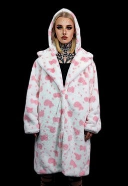 Cow print long coat hooded spot trench fluffy rave bomber 