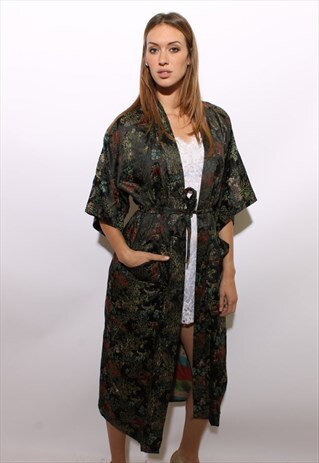 VINTAGE 1980'S 80'S ASIAN KIMONO ROBE DUSTER JACKET SATIN OS