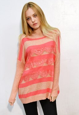 Knitted Jumper with Eyelash Lace Details in Pink Stripe