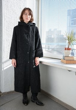 Vintage Grey Wool Hooded Maxi Coat