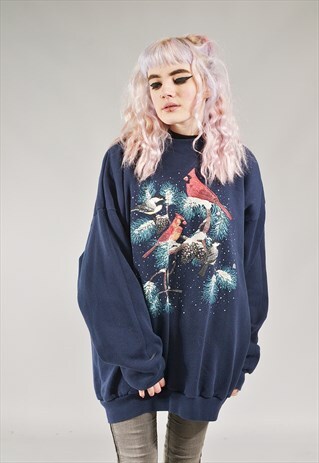 VINTAGE WINTER BIRDS SWEATER NAVY BLUE