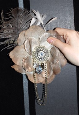 Vintage 90s Large Flower Feathers Steampunk Brooch Hairclip