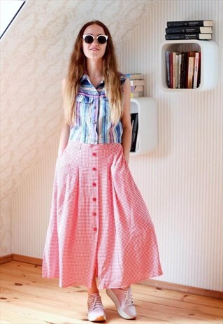 RED AND WHITE CHECKED MIDI VINTAGE SKIRT WITH POCKETS