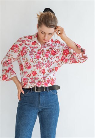 VINTAGE 80S ROMANTIC BLOUSE IN FLOWER WITH BUTTON UP FRONT
