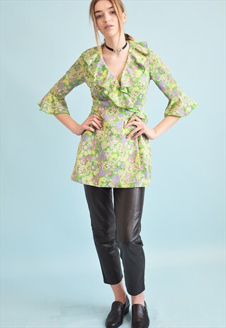 60'S RETRO TWIGGY FLORAL PATTERN JACKET TUNIC TOP