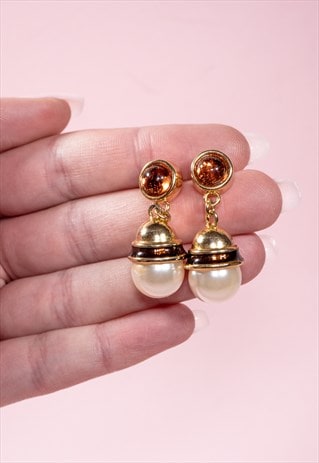 VINTAGE PEARL AND AMBER TONE EARRINGS