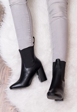 SILVANA SLIP ON HEELED ANKLE BOOTS - BLACK LEATHER STYLE