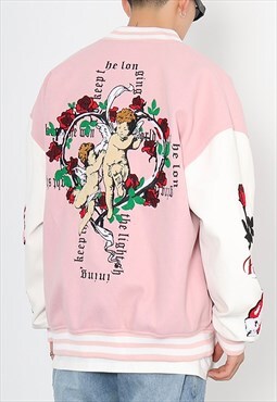 Pink Embroidered Oversized Baseball Varsity jacket Y2k