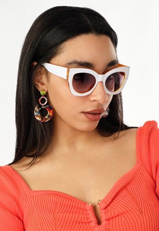 White Orange Framed Chunky Cat Eye Sunglasses