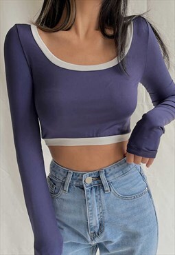 Purple White Long Sleeve Crop Top