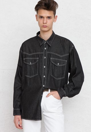 VINTAGE BLACK CAVENLINE LONG SLEEVE DENIM SHIRT