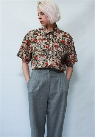 VINTAGE 80' BEAUTIFUL AMAZING MAROON FLOWER SILK SHIRT