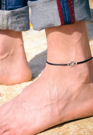 ANKLET FOR MEN SILVER STAR OF DAVID CHARM BLACK CORD FOR HIM