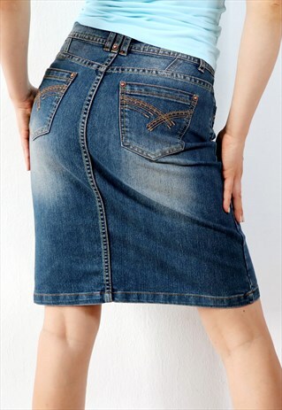 Vintage Denim Skirt 90s Midi Pencil Skirt Dark Blue 