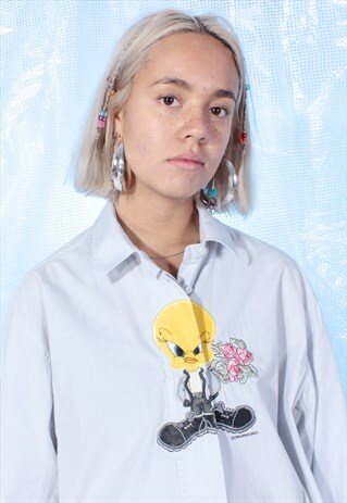 VINTAGE GREY/BLUE LOONY TOONS EMBROIDERED SHIRT