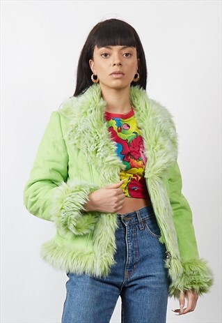 VINTAGE 90'S BRIGHT GREEN FAUX SHEARLING JACKET