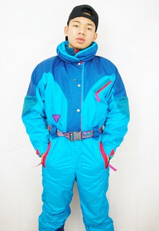CRAZY PRINT PUFFER SKI SUIT/JUMPSUIT W/ AZTEC BELT (1990'S)