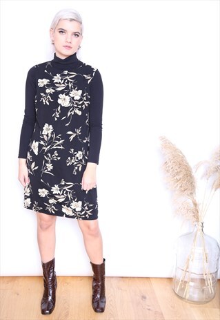 VINTAGE 90S BLACK FLORAL SLEEVELESS MINI DRESS