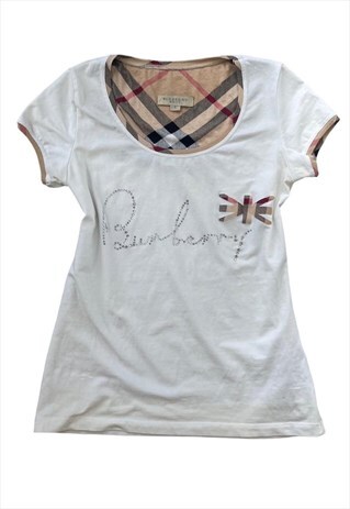 Vintage Y2k Burberry Nova Check Tshirt Top White