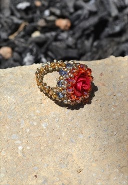 Handmade ring,multi color beaded/retro pink rose ring