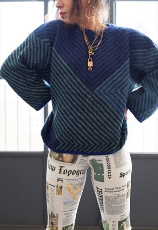 VINTAGE YSL CHEVRON 3/4 SLEEVE KNIT JUMPER NAVY AND GREEN