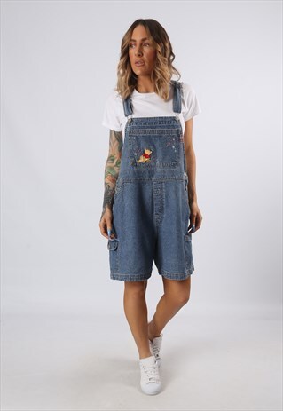 DENIM DUNGAREE SHORTS POOH TALL LENGTH VINTAGE UK 16 (G5EB)