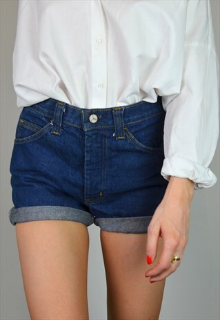 VINTAGE 90S DARK BLUE DENIM HIGH WAISTED FRAYED SHORTS