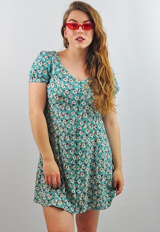 VINTAGE BLUE FLORAL SHORT SLEEVED SUMMER TEA DRESS