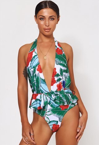 RED TROPICAL PALM PRINT SWIMSUIT
