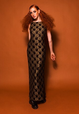 BLACK AND GOLD PATTERNED EVENING DRESS