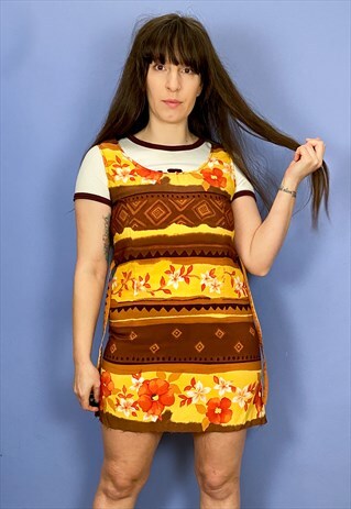 VINTAGE 90'S FLORAL BOHEMIAN PATTERN LOOSE MINI DRESS - S/M